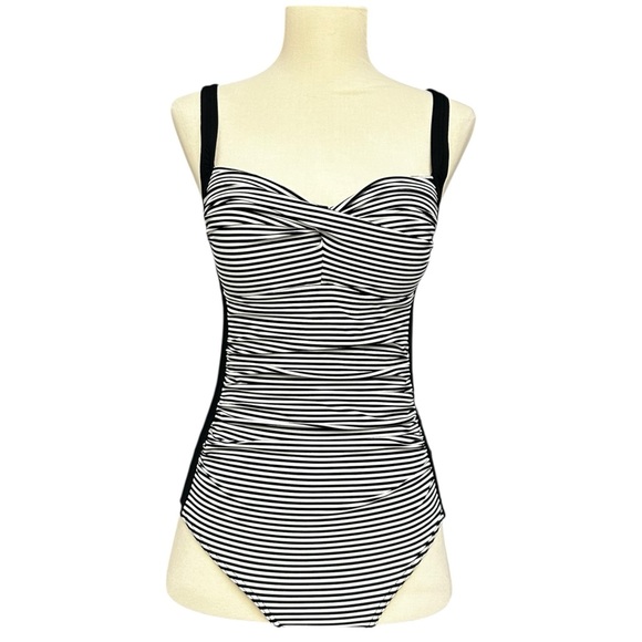 Nip Tuck Swim One Piece Swimsuit Black White Striped Ruched Tummy Control Size 6 - Picture 4 of 13